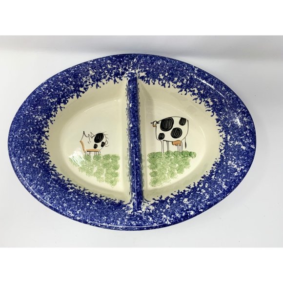 MOLLY DALLAS ROUND DIVIDED VEGETABLE BOWL ~ Pig Cow Blue Spatterware Farmhouse - Picture 2 of 10